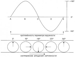Рисунок 2. Синусоидальная волна; амплитуда и фаза. Если протяжённость периметра окружности равна одному циклу синусоиды (расстояние от А до Е), то по мере вращения радиальная линия этой окружности будет показывать угол, который соответствует значению фазы синусоиды в конкретной точке